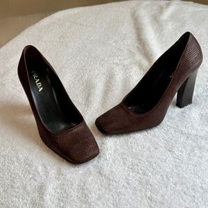 Prada Brown Textured Block Heel Pumps Size 36